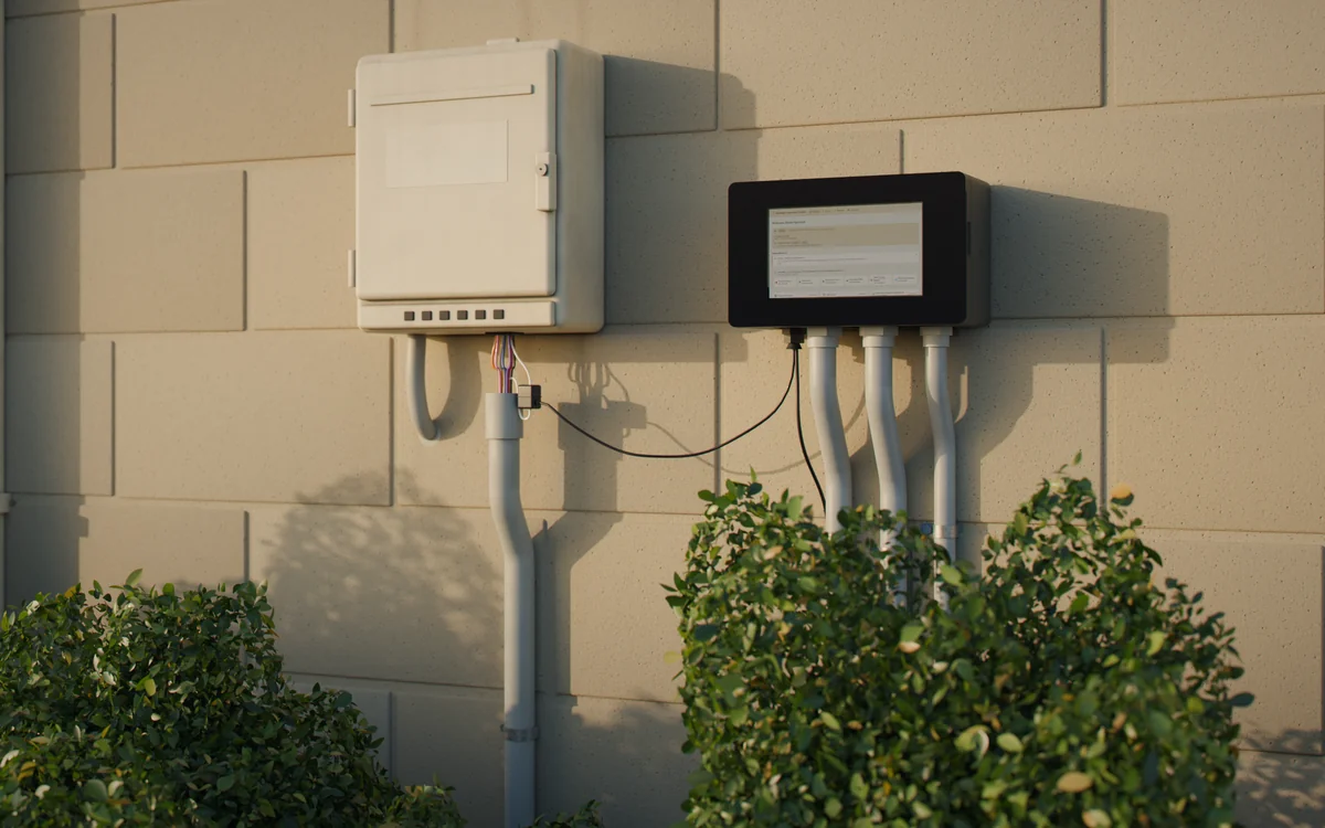 An existing irrigation controller on a block wall, a small clamp on the wire leaving its base, and a cable from the clamp to a Droughtless One mounted beside it.