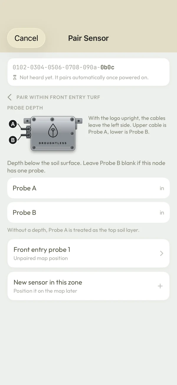 iOS Pair Sensor screen showing the two probe ports and depth fields.