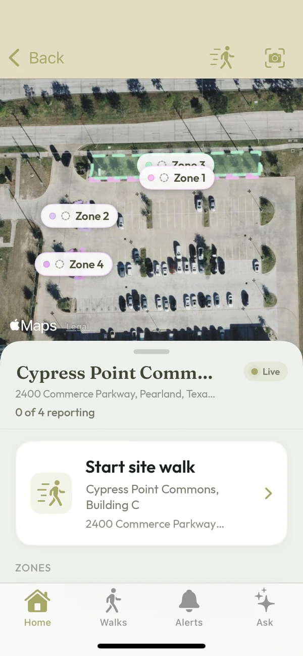 iOS site screen: a satellite map with four mapped zones along a commercial parking lot, and Start site walk.
