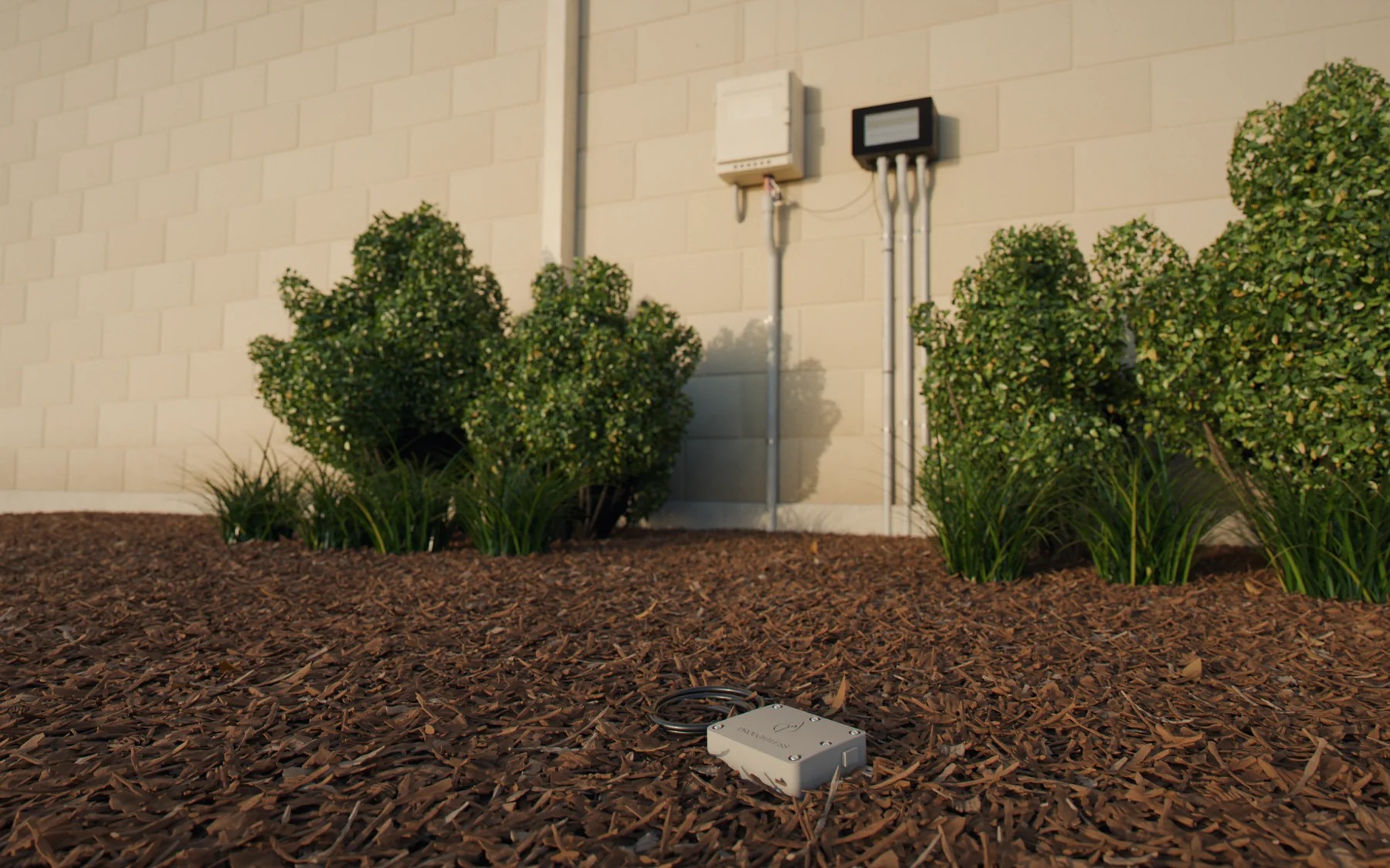 A Droughtless Sense node in the mulch of a planting bed, its probe cables running into the soil, with the Droughtless One and the existing controller on the wall behind it in evening light.
