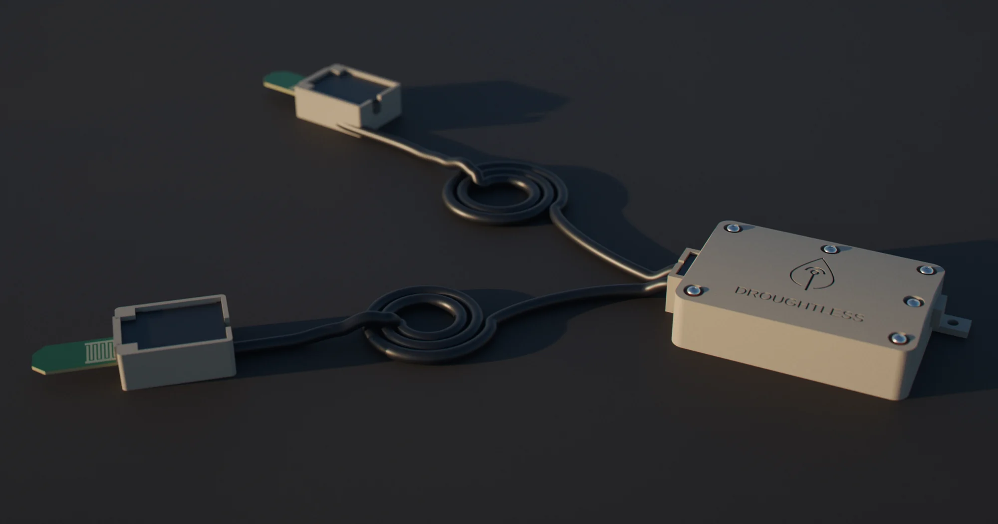 A Droughtless Sense node on dark stone in low evening sun, with its two potted soil probes out on loose coils of cable.