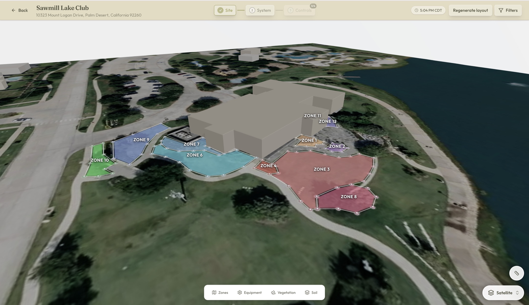 3D site designer with satellite imagery and twelve zone polygons over a lakeside property