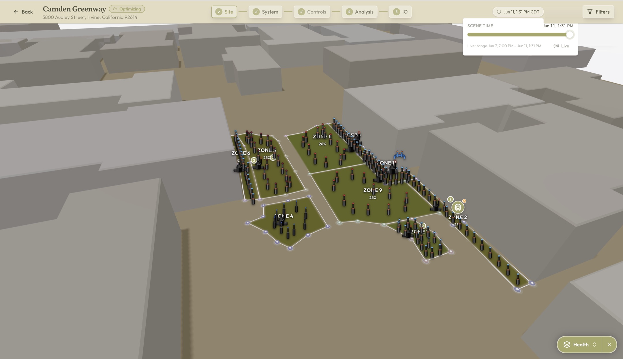 3D monitoring view of a property with per-zone soil moisture percentages and a scene-time scrubber