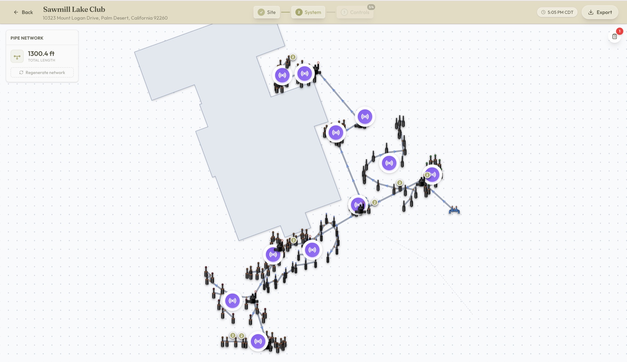 Complete map of a property's irrigation pipe network: 1,300 feet of pipe with every valve, head, and wireless node