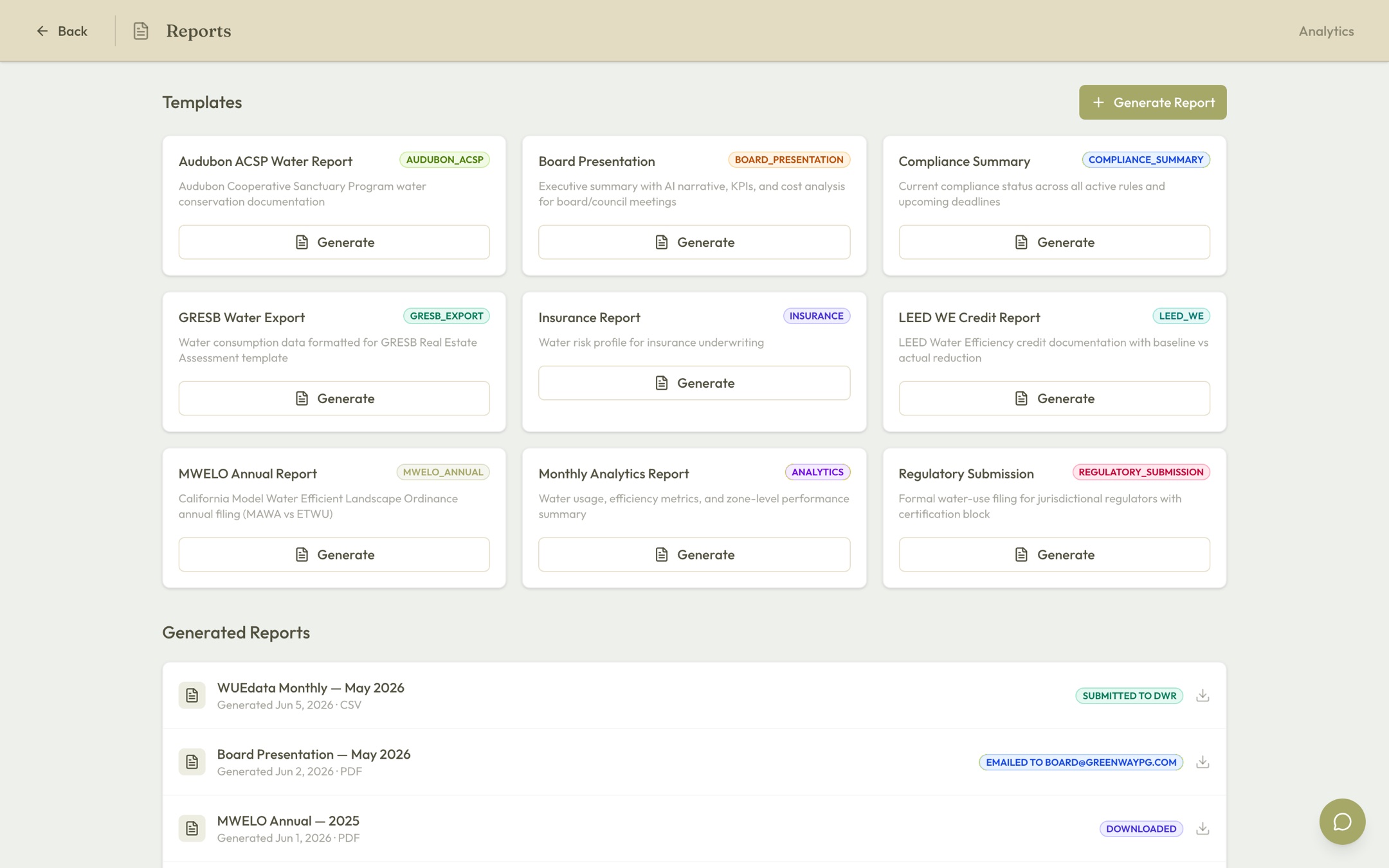 Report center with MWELO, GRESB, LEED, Audubon, insurance and board templates, plus a history of generated filings and a monthly auto-email schedule
